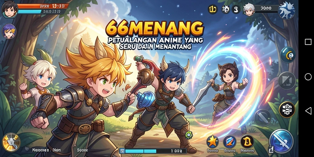 Screenshot utama 66MENANG menampilkan aksi karakter anime yang menegangkan.