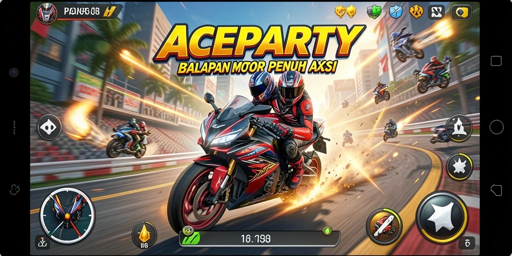 Gameplay ACEPARTY yang seru dan menantang di arena balapan.