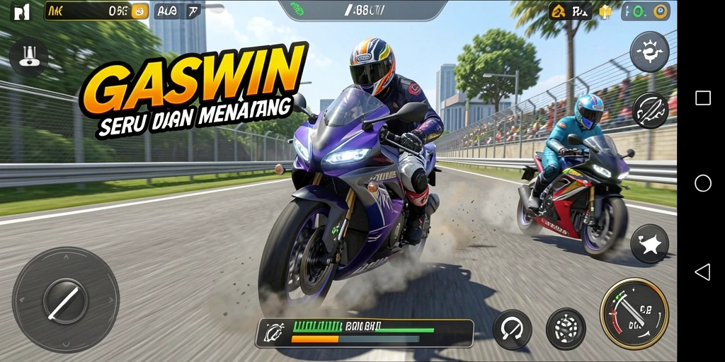 Screenshot GASWIN menampilkan aksi balap motor yang mendebarkan.