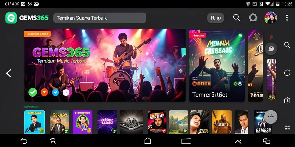 Smartphone menampilkan berbagai opsi musik di GEMS365.