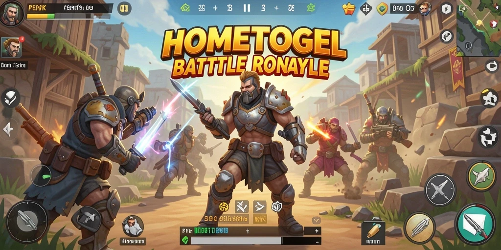 Tangkapan layar utama HOMETOGEL menampilkan pertempuran intens di arena Battle Royale.