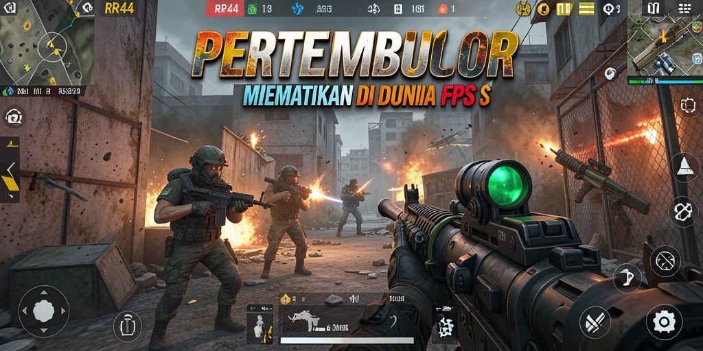 Tangkapan layar utama RR44 menampilkan aksi pertempuran FPS yang mendebarkan.