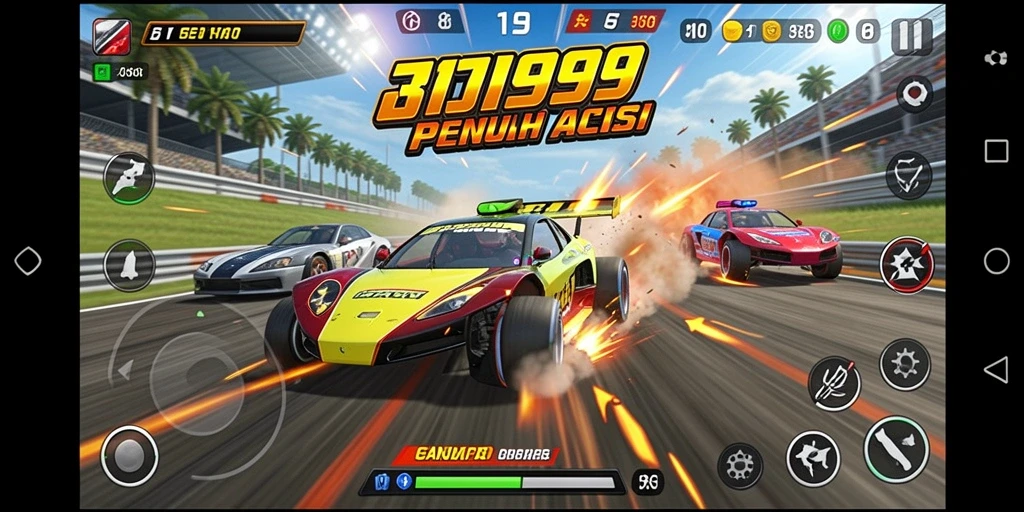 Screenshot gameplay T9999 menampilkan aksi balapan mendebarkan di trek menantang.