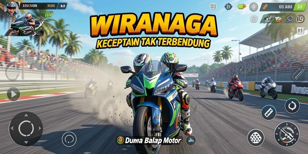 Tangkapan layar utama <strong>WIRANAGA</strong> menampilkan aksi balapan motor yang mendebarkan.